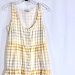 Madewell Gingham Tiered Mini Dress Yellow Tan Cotton Button Front AL322